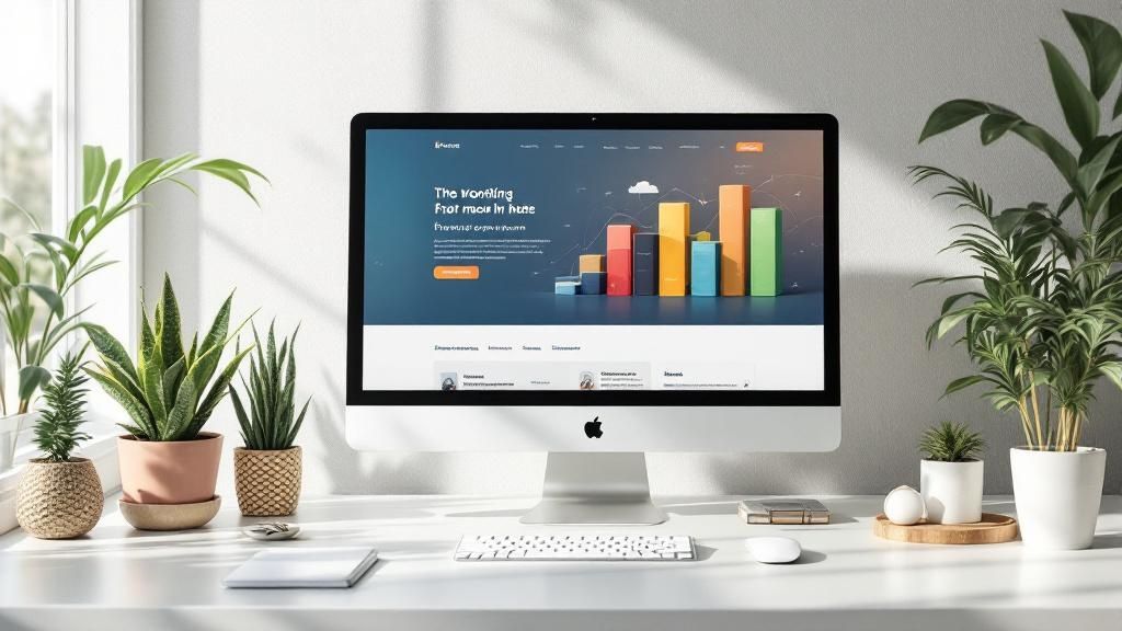 A designer's desk showing a user interface design on a tablet, surrounded by colour palettes and typography samples.