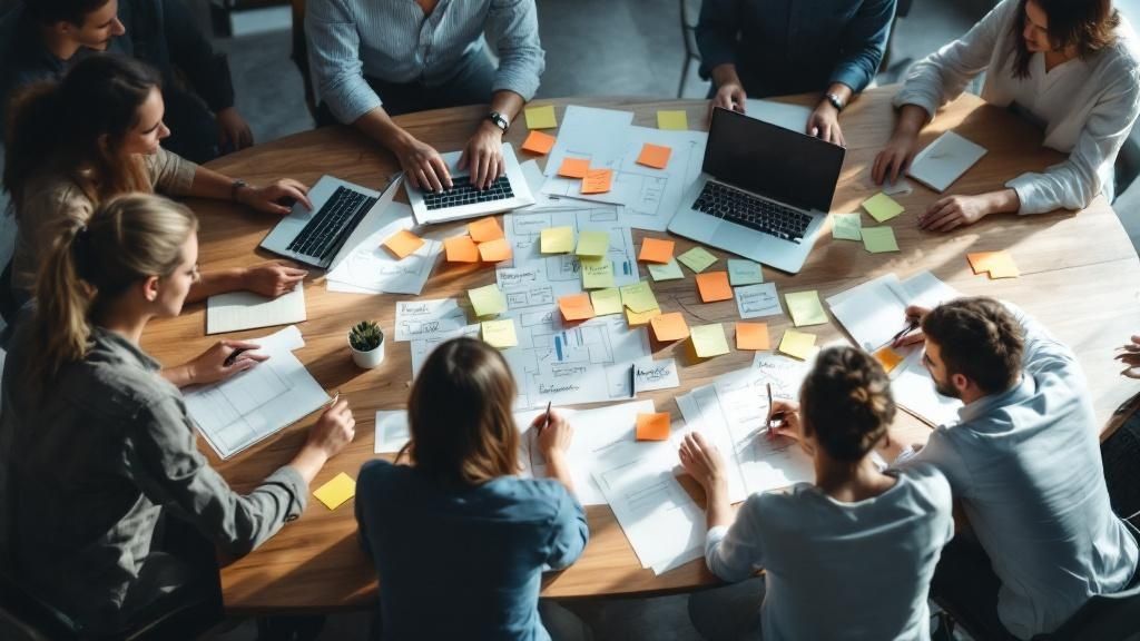 A team collaborating on a web application design using sticky notes on a glass wall.