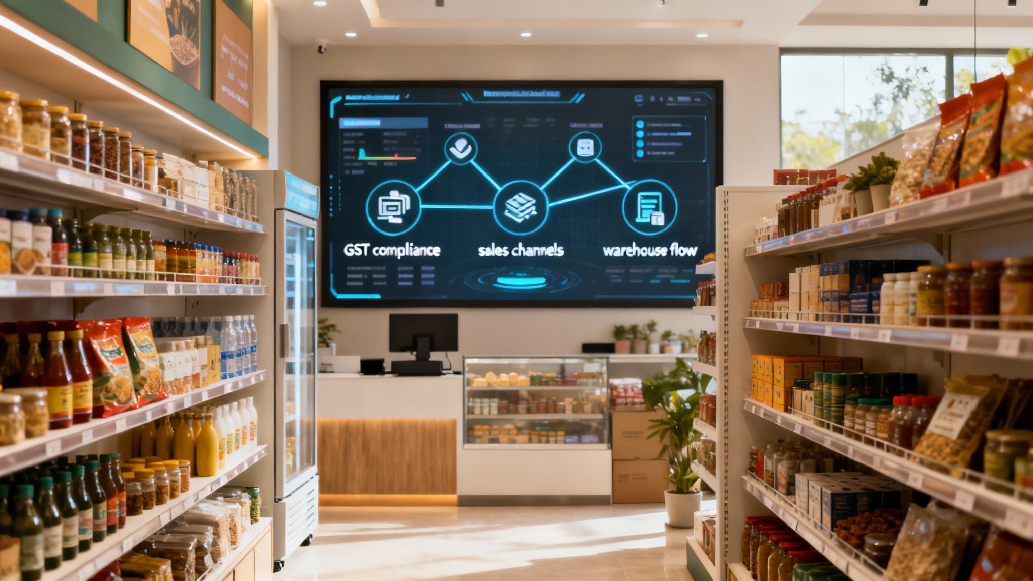 A modern retail store in India with a manager using a tablet to check inventory.