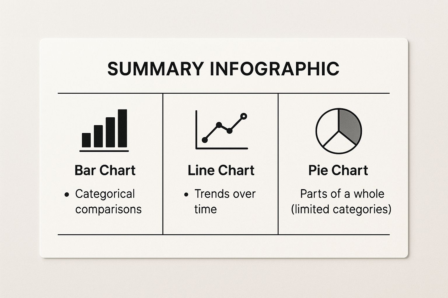 An infographic summarising when to use a bar chart, line chart, or pie chart.
