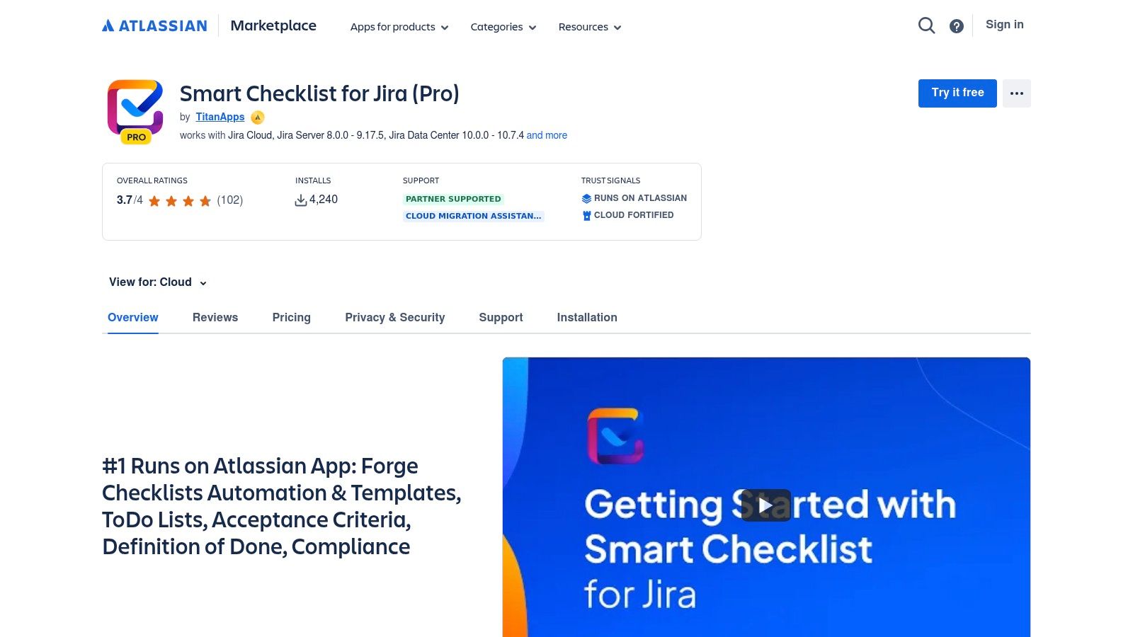 Atlassian Marketplace (Smart Checklist for Jira Pro and alternatives)