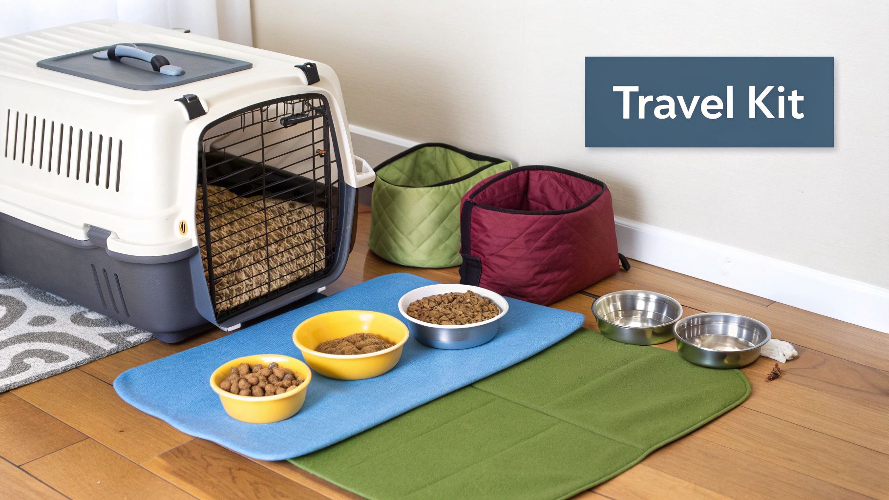 A well-organized travel kit for a cat, including food, a collapsible bowl, toys, and cleaning supplies, laid out on a wooden surface.