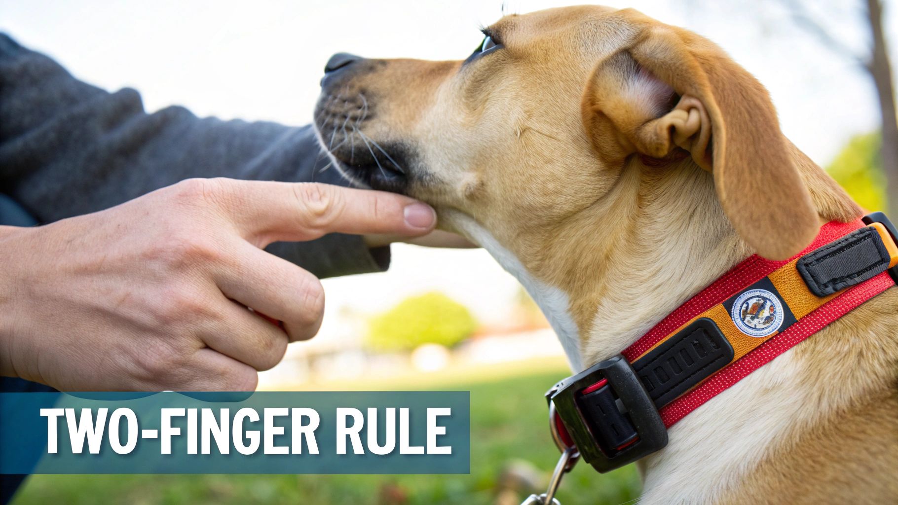 A person's hand adjusting a slightly loose collar on a fluffy dog's neck