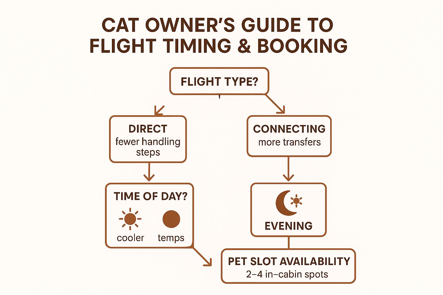 A decision tree infographic guiding cat owners through flight timing and booking, showing choices for flight type, time of day, and pet slot availability.