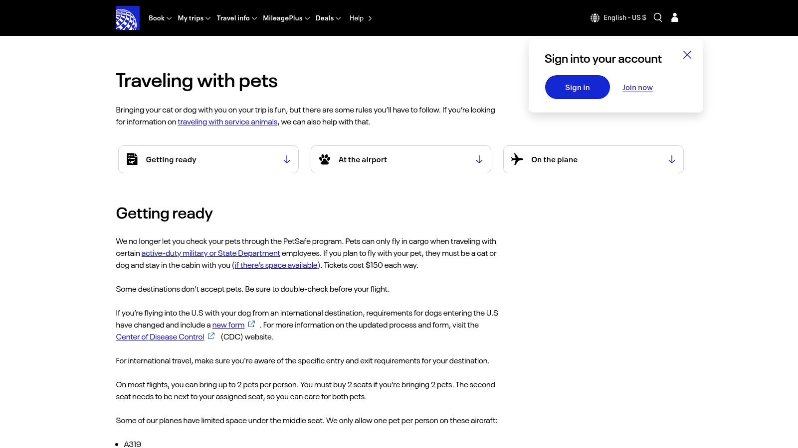 United Airlines – Traveling with pets