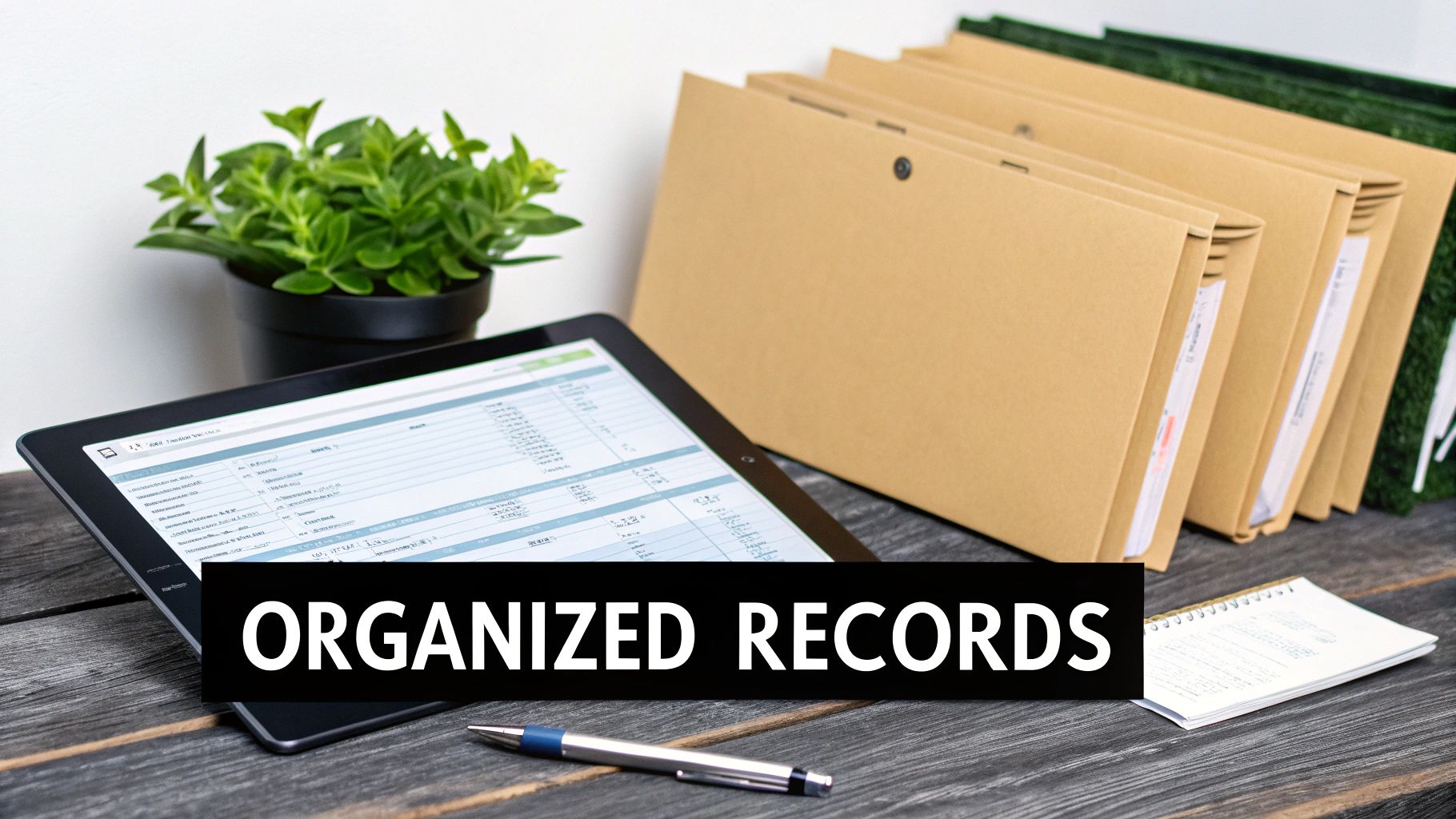 Organized records on a desk with a tablet, file folders, pen, notebook, and a green plant.