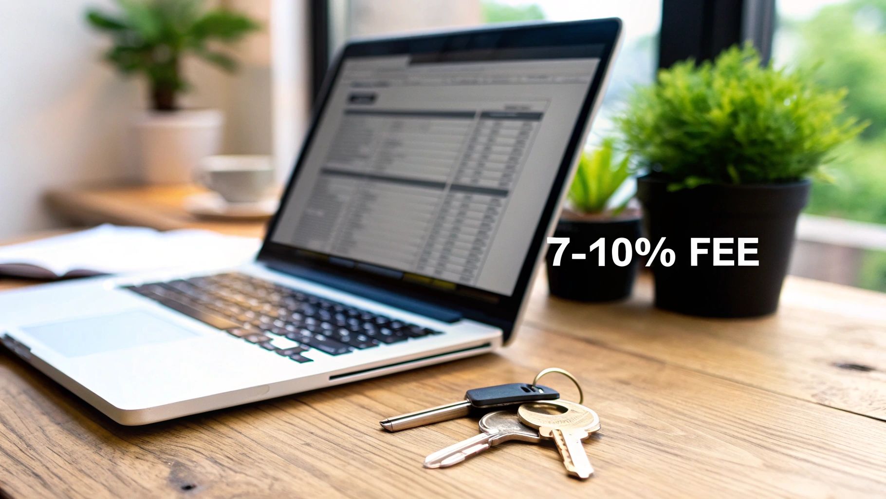 A laptop displaying a spreadsheet on a wooden desk with keys, plants, and '7-10% FEE' text.