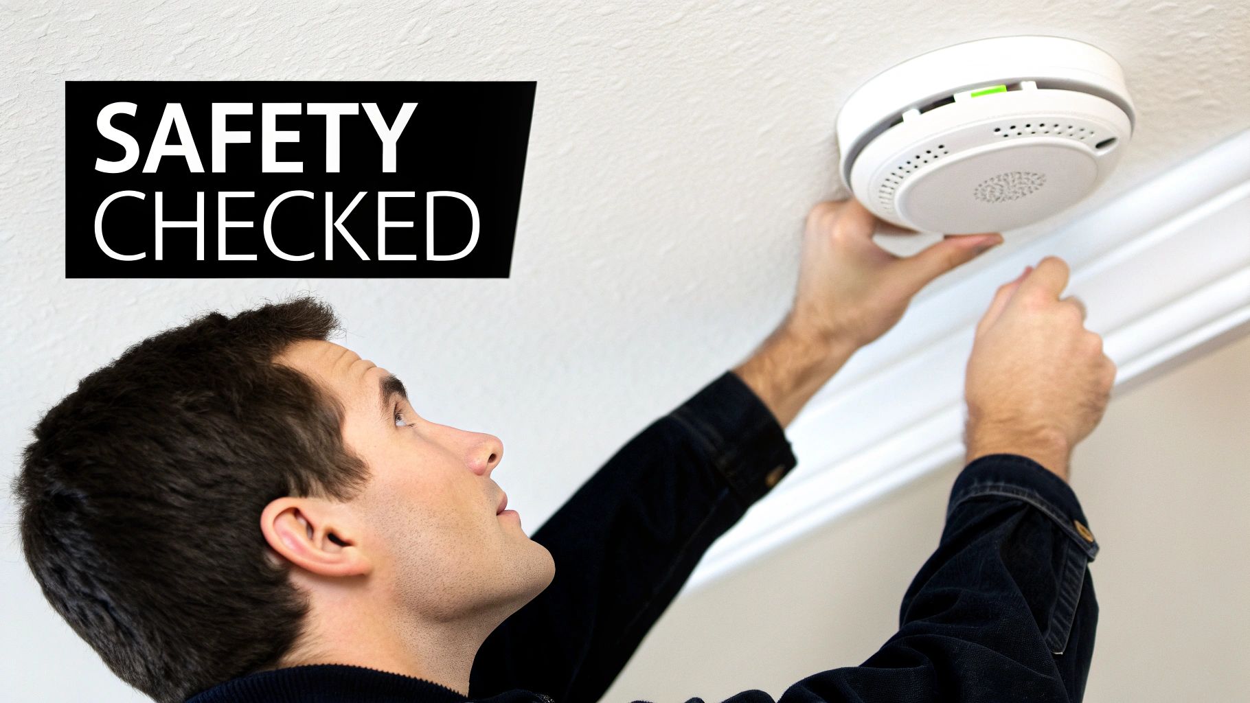 A man installs or checks a white smoke detector on a textured ceiling with a 'SAFETY CHECKED' sign.