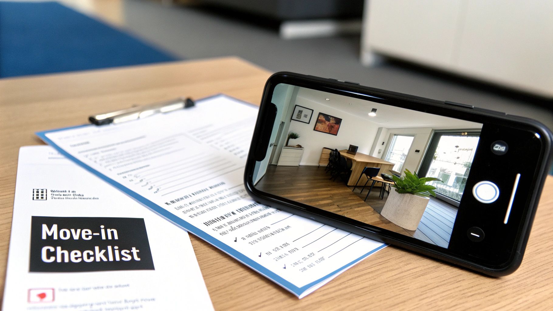 A smartphone displaying a modern room interior, alongside a 'Move-in Checklist' on a clipboard.