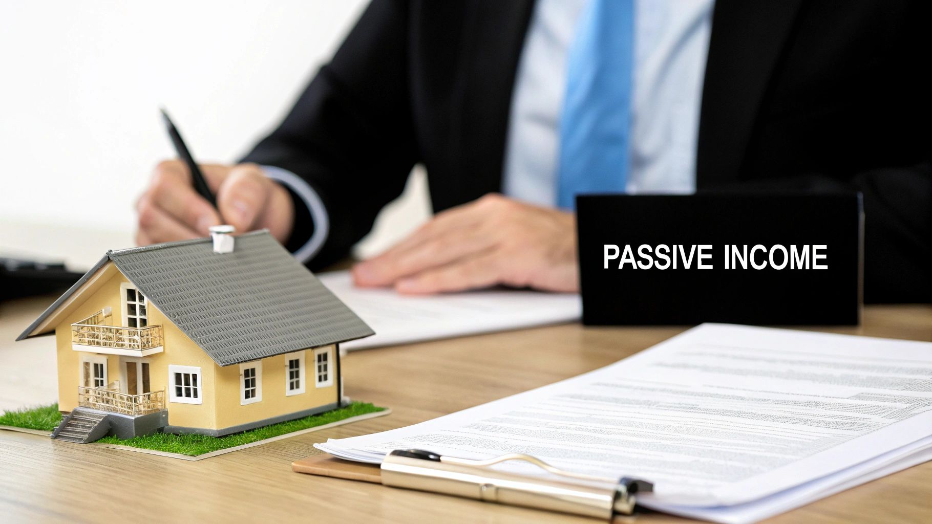 A person signs documents for passive income, with a miniature house and papers on a desk.
