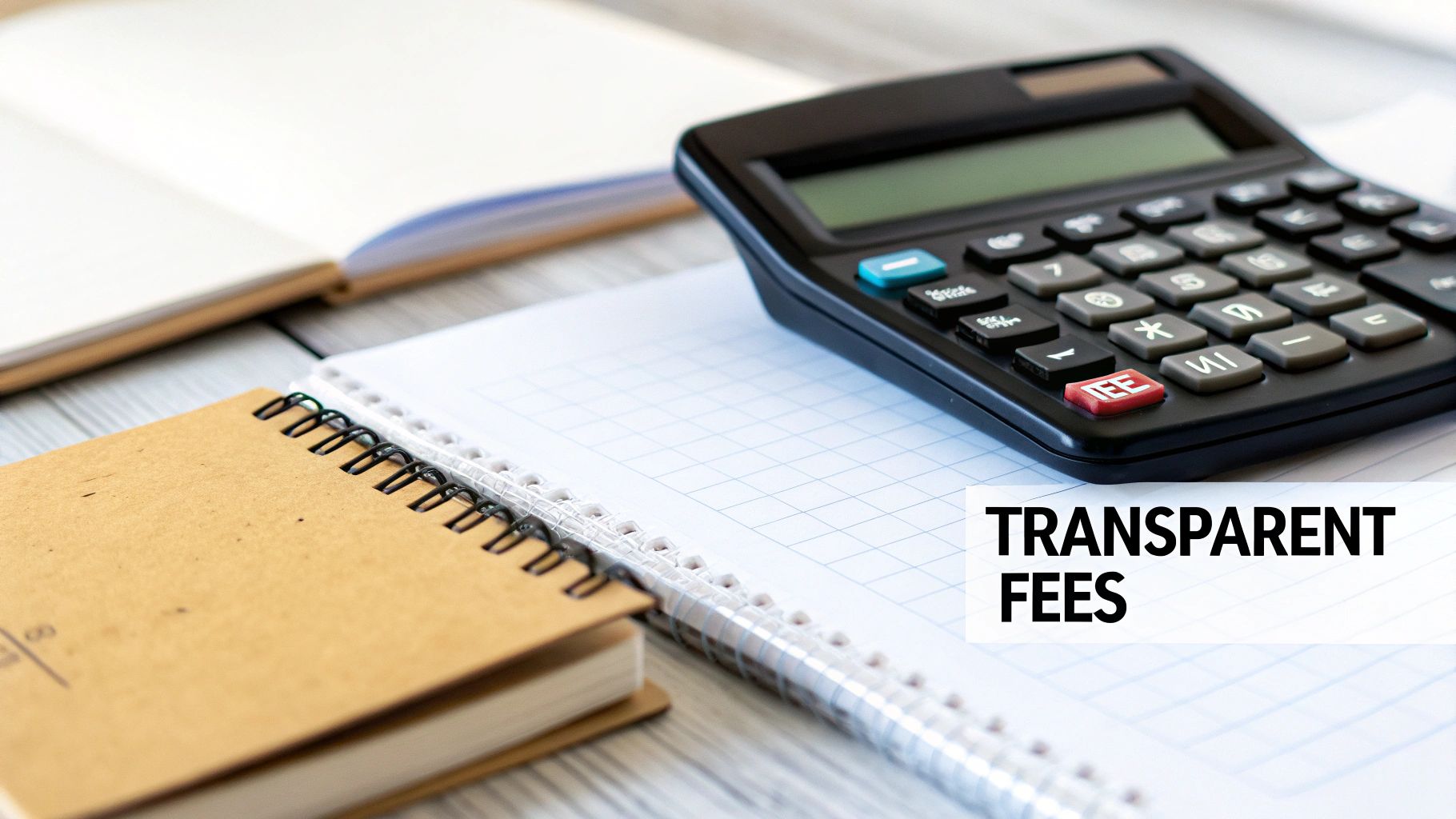A black calculator, open notebooks, and 'TRANSPARENT FEES' text on a light wooden table, implying clear pricing.