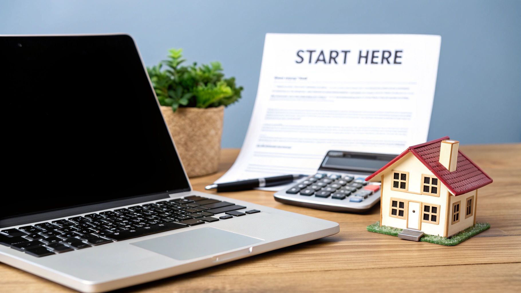 A laptop, 'START HERE' document, calculator, pen, plant, and miniature house on a wooden desk.