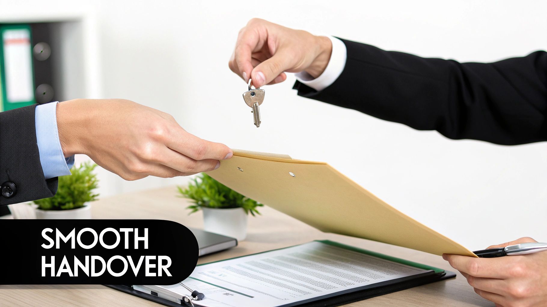 Two business professionals exchange keys and documents, symbolizing a smooth property management handover.