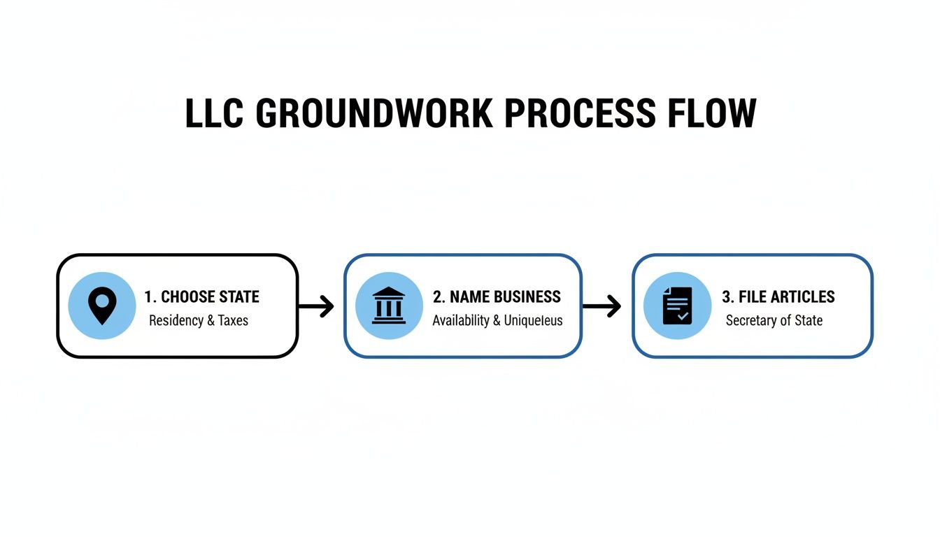 A flowchart detailing the three steps of the LLC groundwork process: choose state, name business, and file articles.
