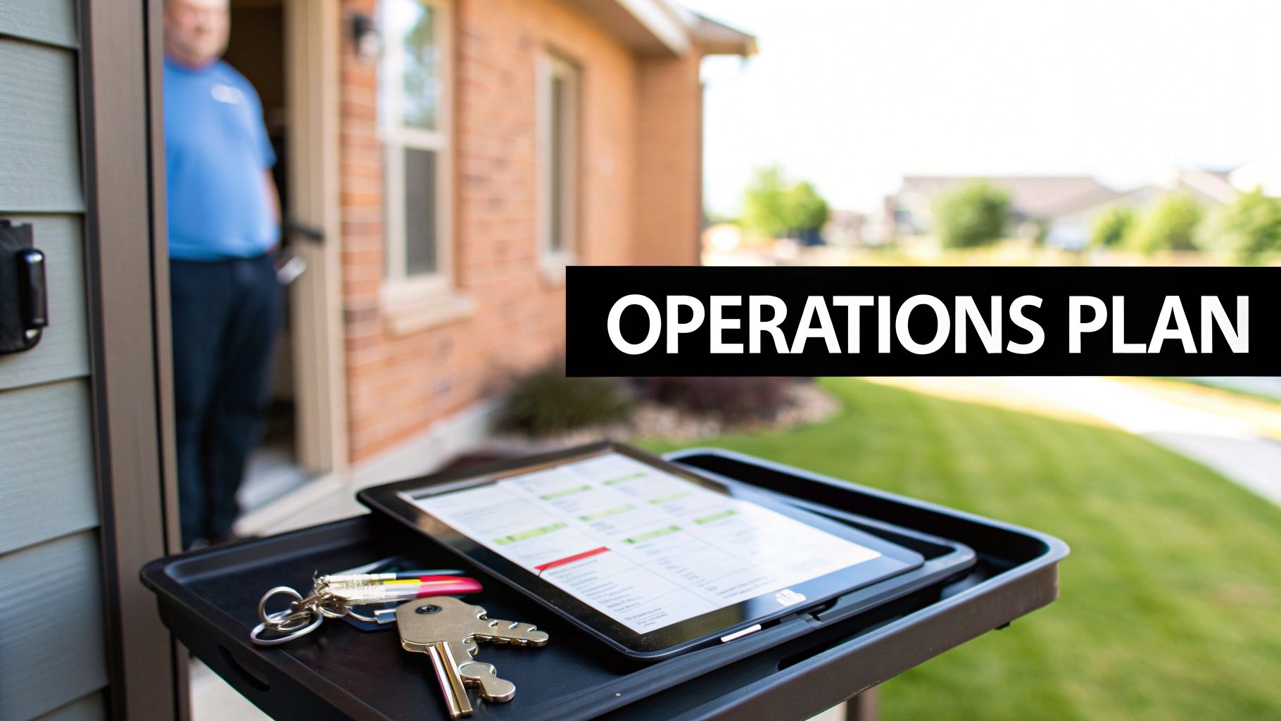 Keys and a tablet showing a business operations plan on a tray outside a house.