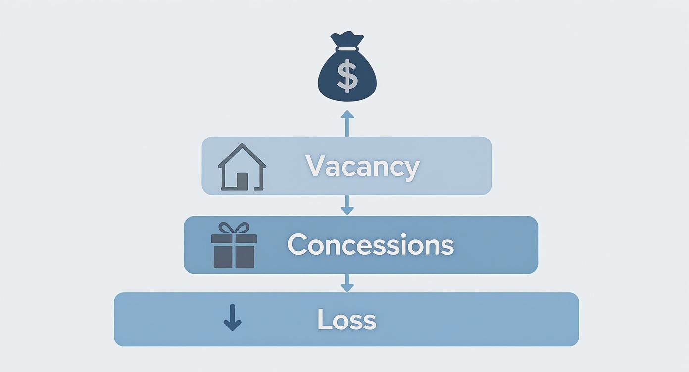 A diagram illustrating the financial impact of vacancy, showing it leads to concessions, which ultimately results in a loss.