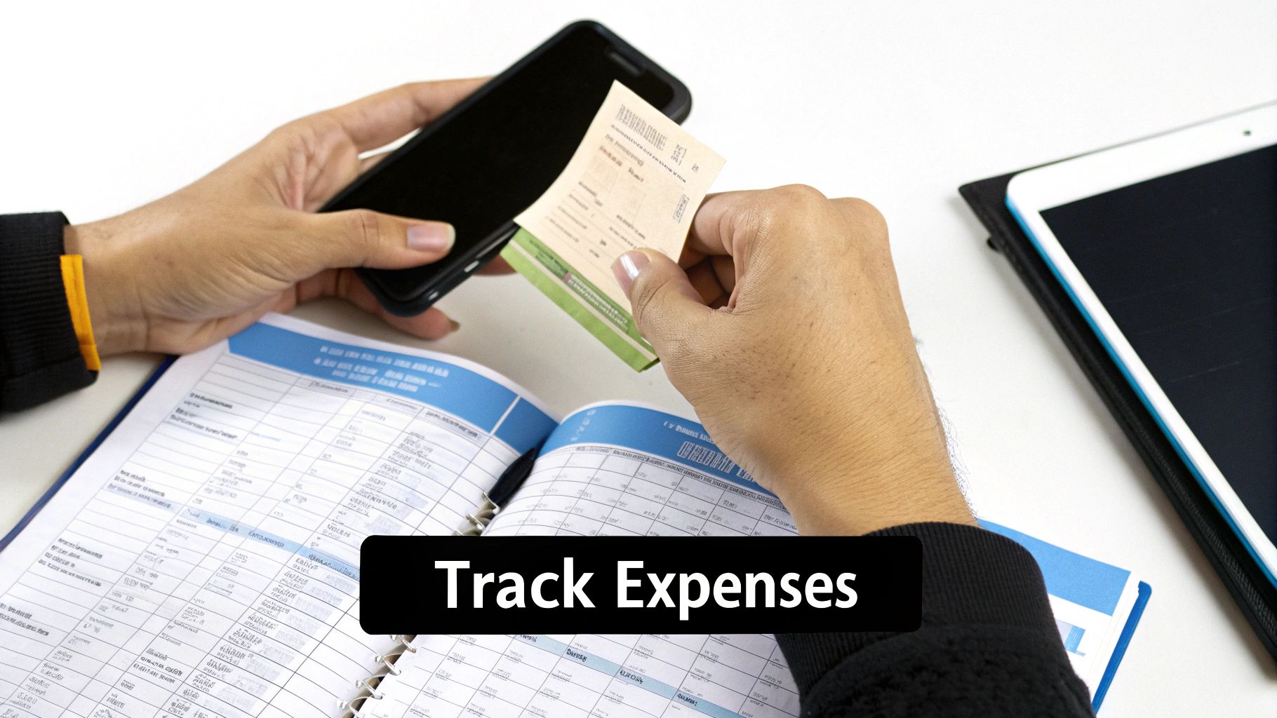 Woman at a desk with a laptop and calculator, focused on bookkeeping for rental property