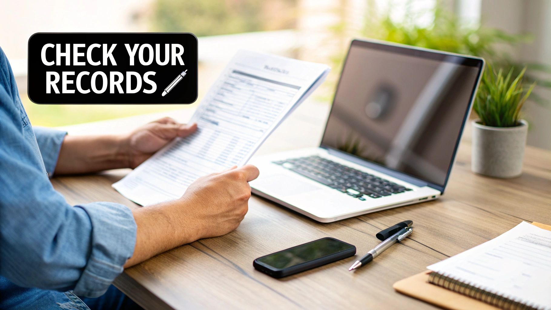 Person reviewing records at a desk with a laptop, documents, and a 'CHECK YOUR RECORDS' sign.