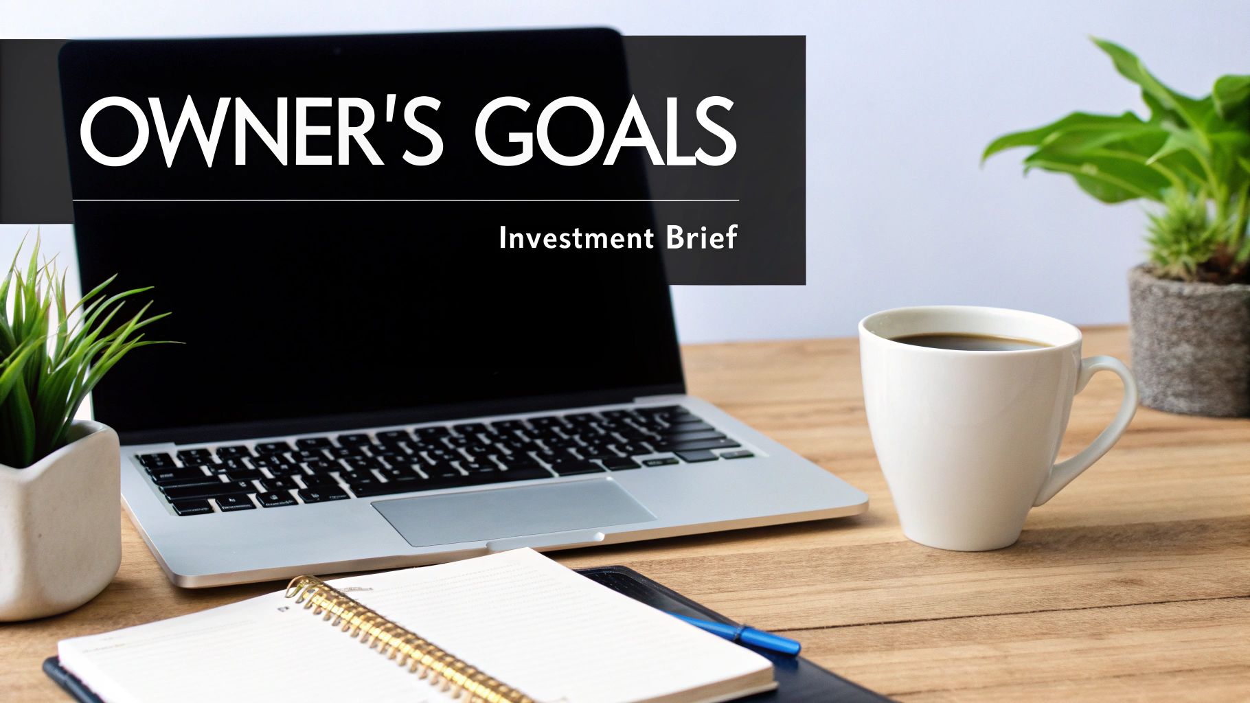 Laptop screen displaying 'Owner's Goals: Investment Brief' on a wooden desk with coffee and a notebook.
