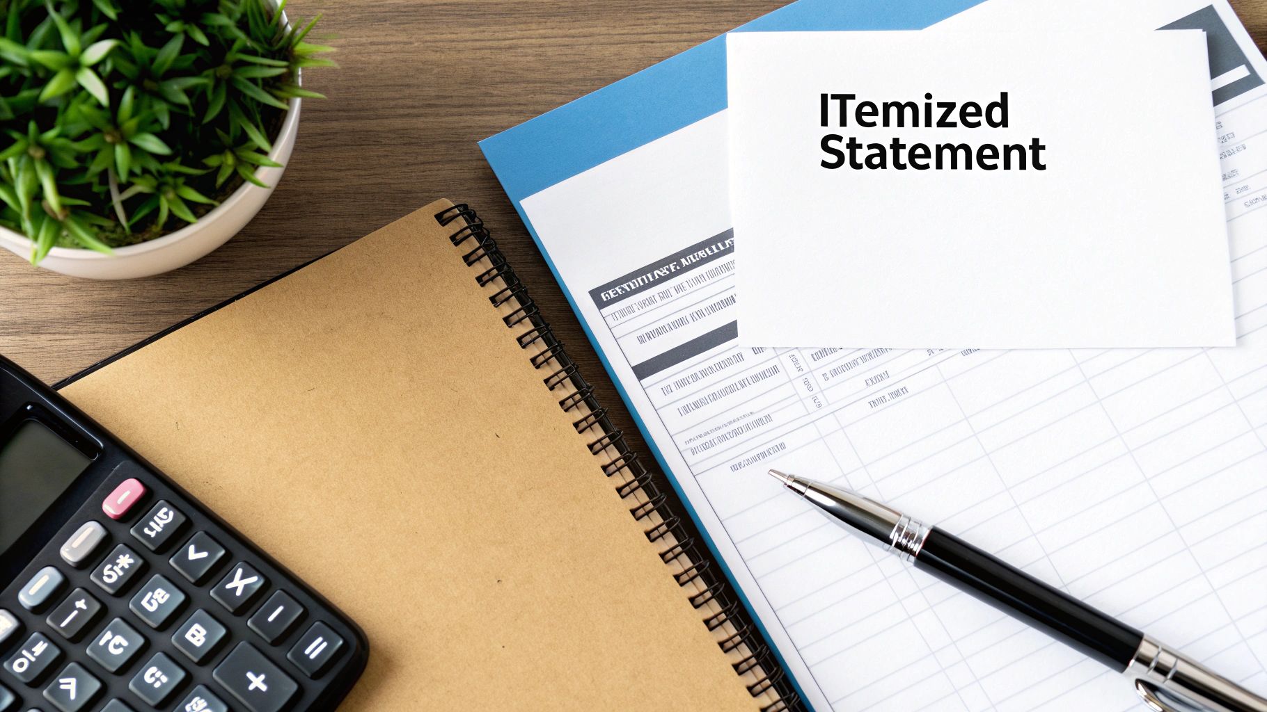 Flat lay of an office desk with an 'ITemized Statement' document, calculator, notebook, and pen.