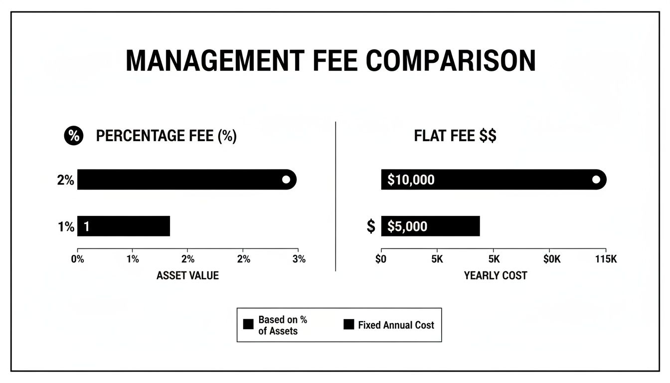 Chart comparing management fees: percentage based on asset value (1%, 2%) vs. flat annual fees ($5,000, $10,000).