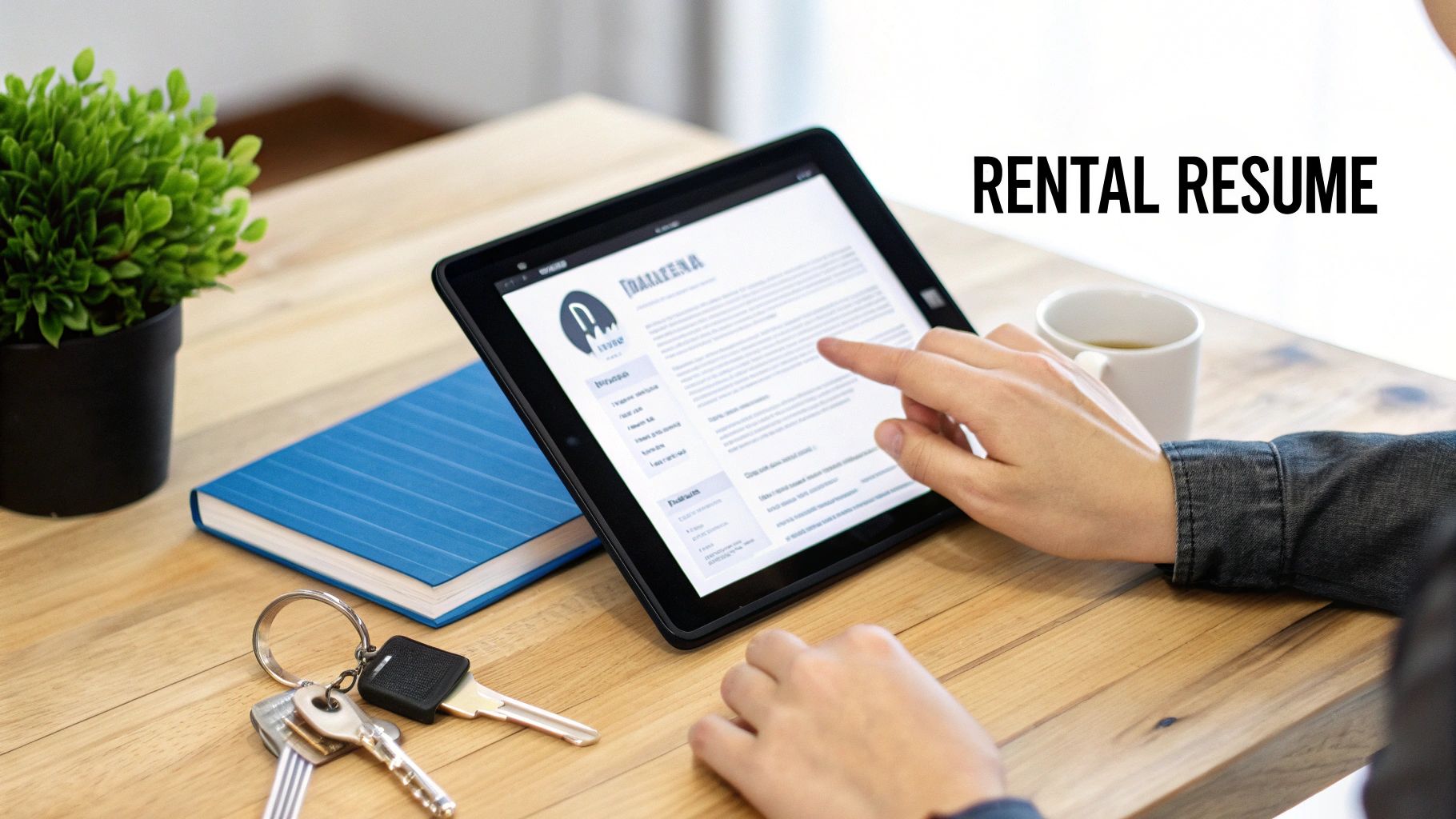 Person interacting with a tablet showing a 'Rental Resume' on a wooden desk with keys and a plant.