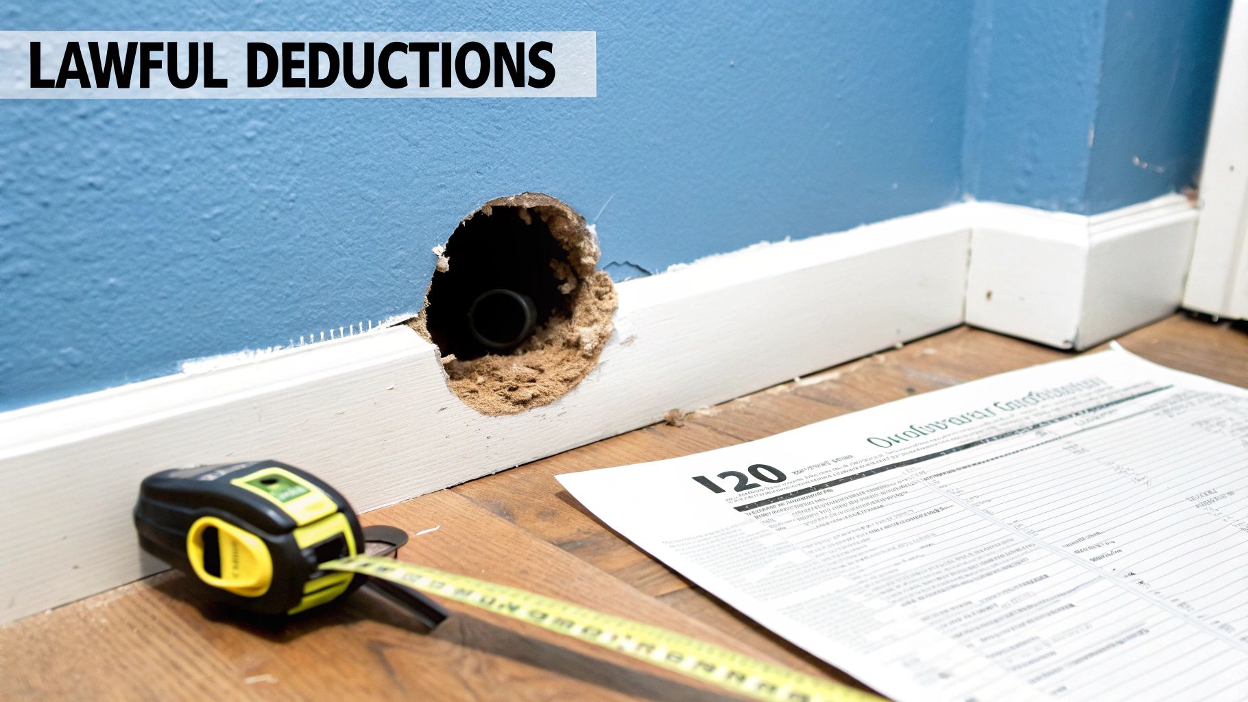 Blue wall with a hole, pipe, tape measure, and document on floor, text 'LAWFUL DEDUCTIONS'.