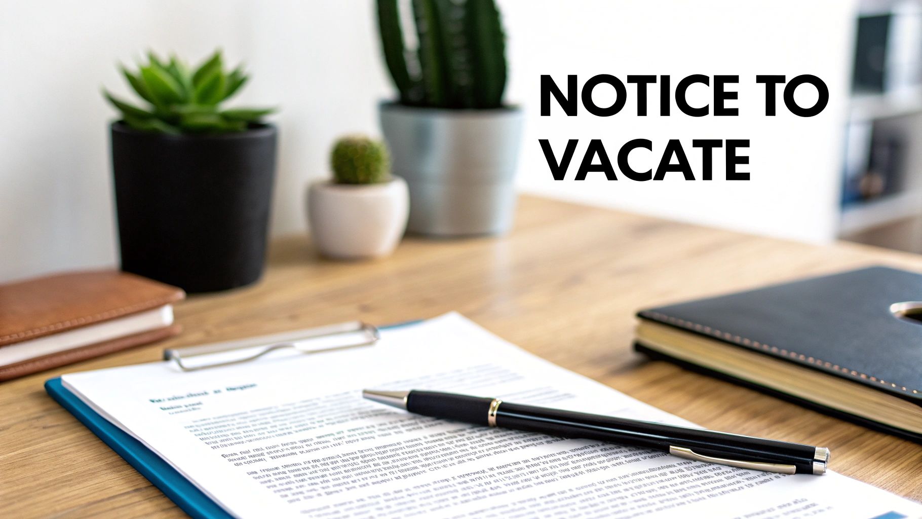 A document titled 'NOTICE TO VACATE' on a clipboard, with a pen, notebook, and plants on a wooden desk.