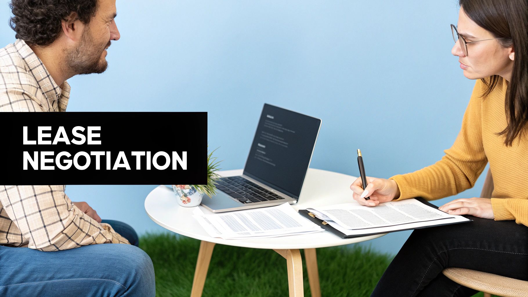 Man and woman discussing a lease agreement, with documents and a laptop on a table.