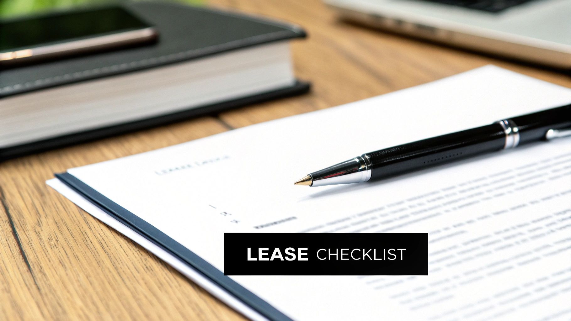 A pen rests on a document titled 'LEASE CHECKLIST' on a wooden office desk.