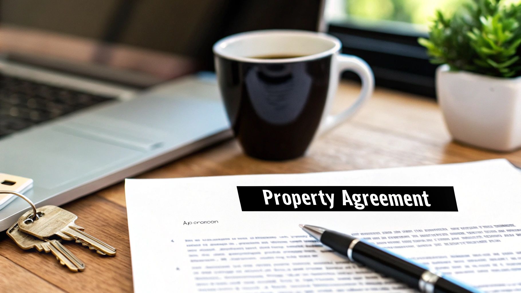 Property agreement document with keys, pen, and coffee on wooden desk workspace