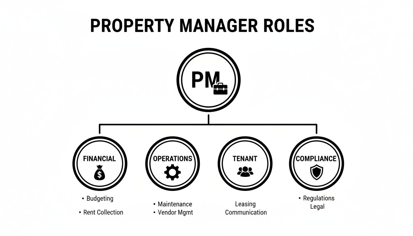 Diagram illustrating property manager roles covering financial, operations, tenant, and compliance tasks.