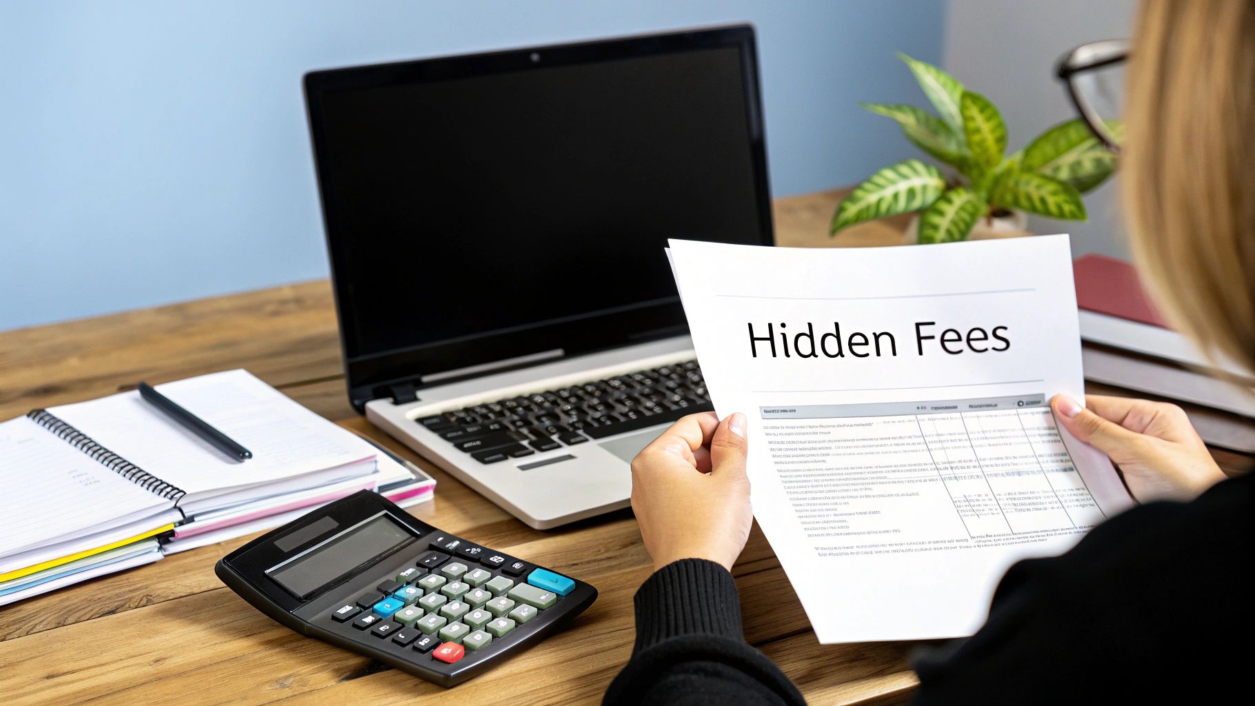 A magnifying glass hovering over the fine print of a contract, symbolizing hidden fees.