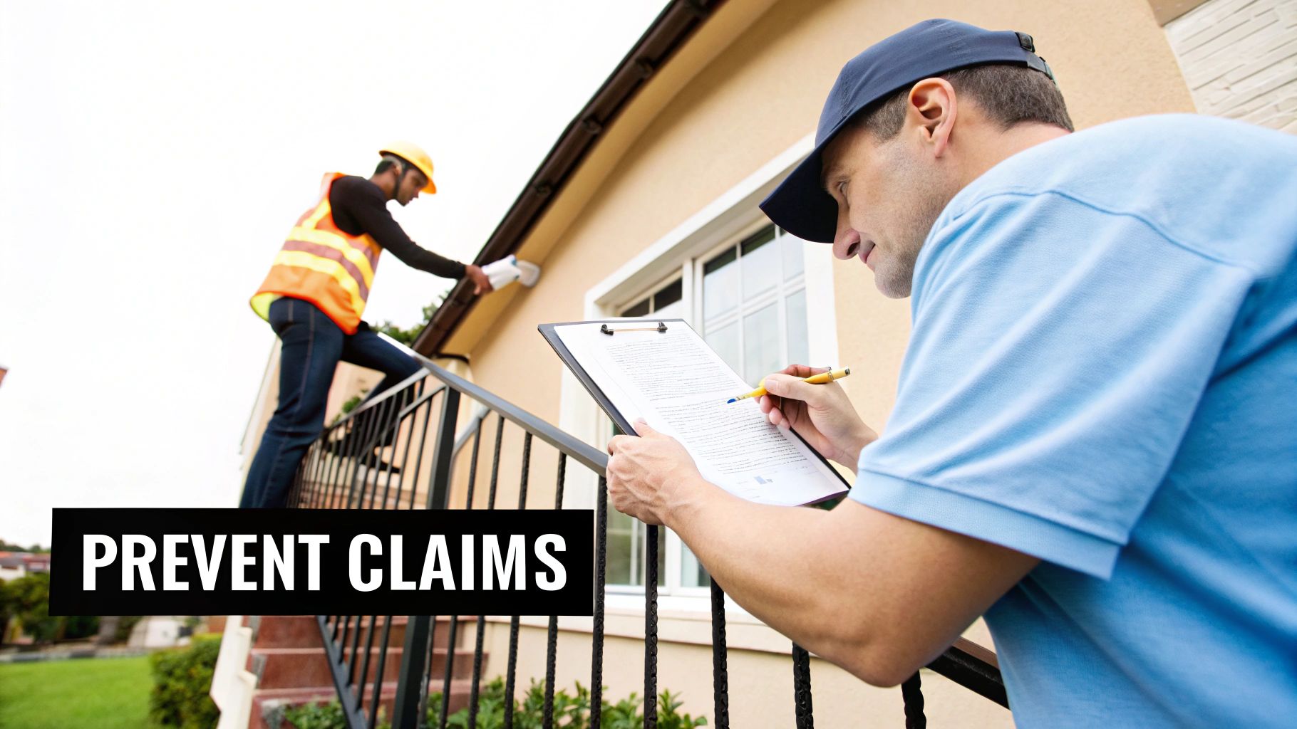 Property inspector taking notes while a worker checks the house roof or gutter.