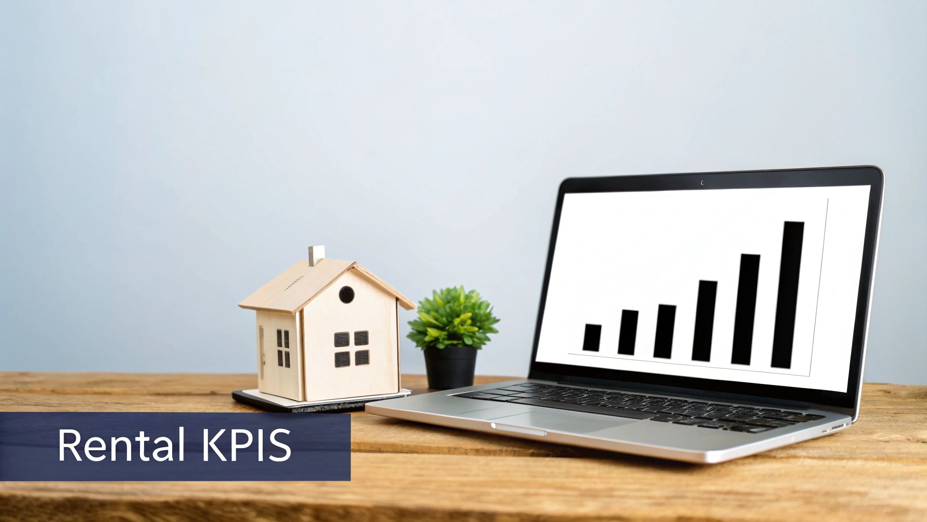 Miniature wooden house, small plant, and laptop displaying an increasing bar chart with 'Rental KPIs' text.