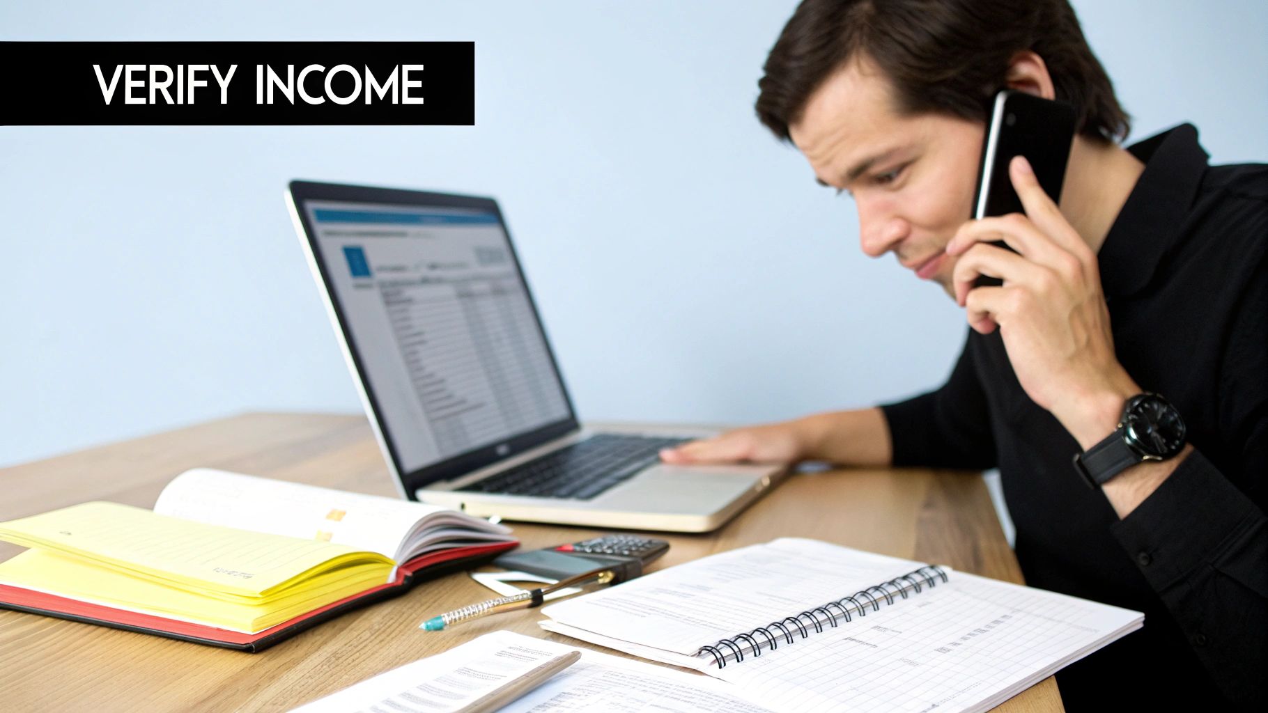 A man on the phone, looking at a laptop with data, verifying income for property rental.