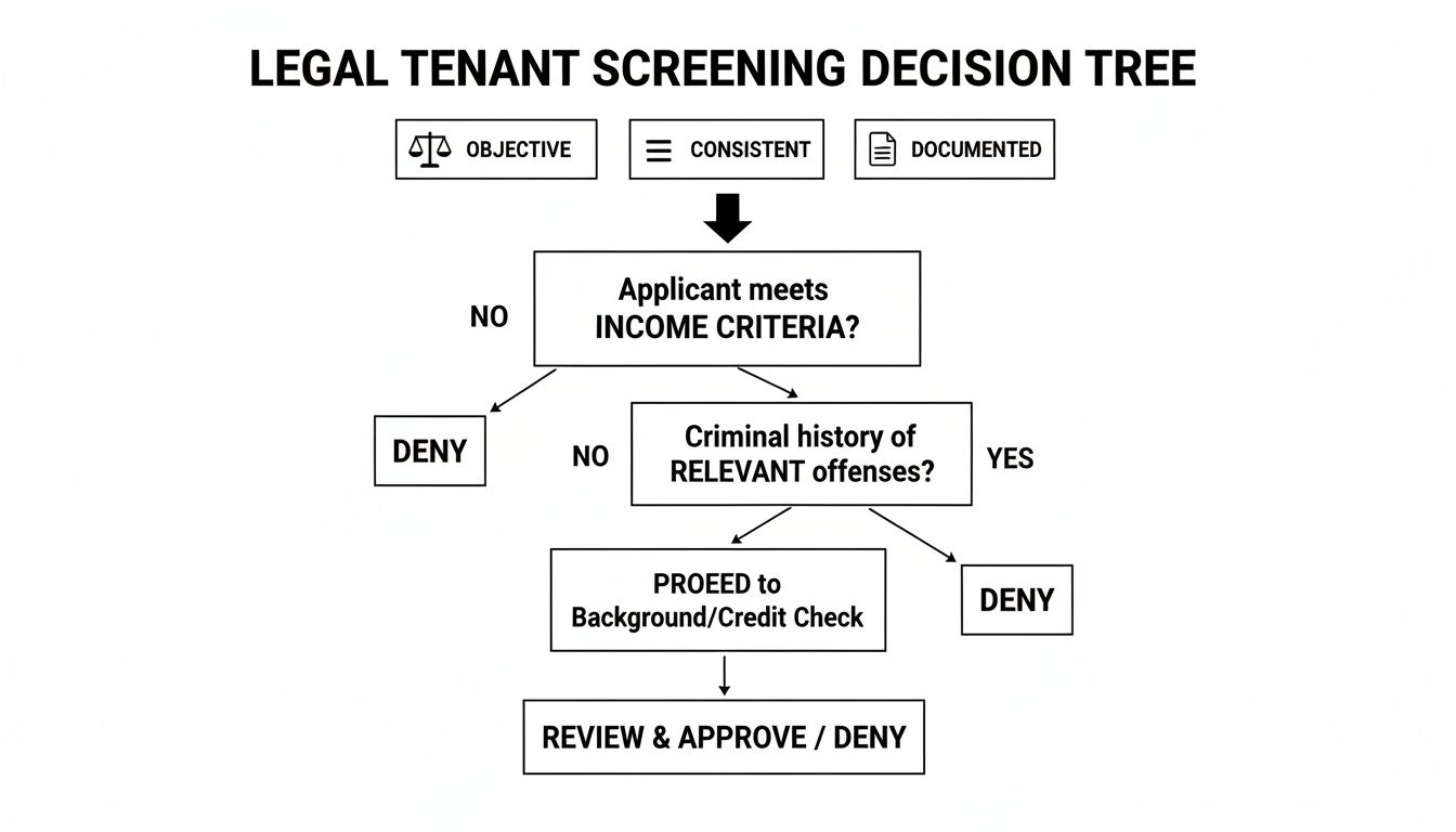 Flowchart outlining a legal tenant screening decision tree, covering income, criminal history, and background checks for approval.