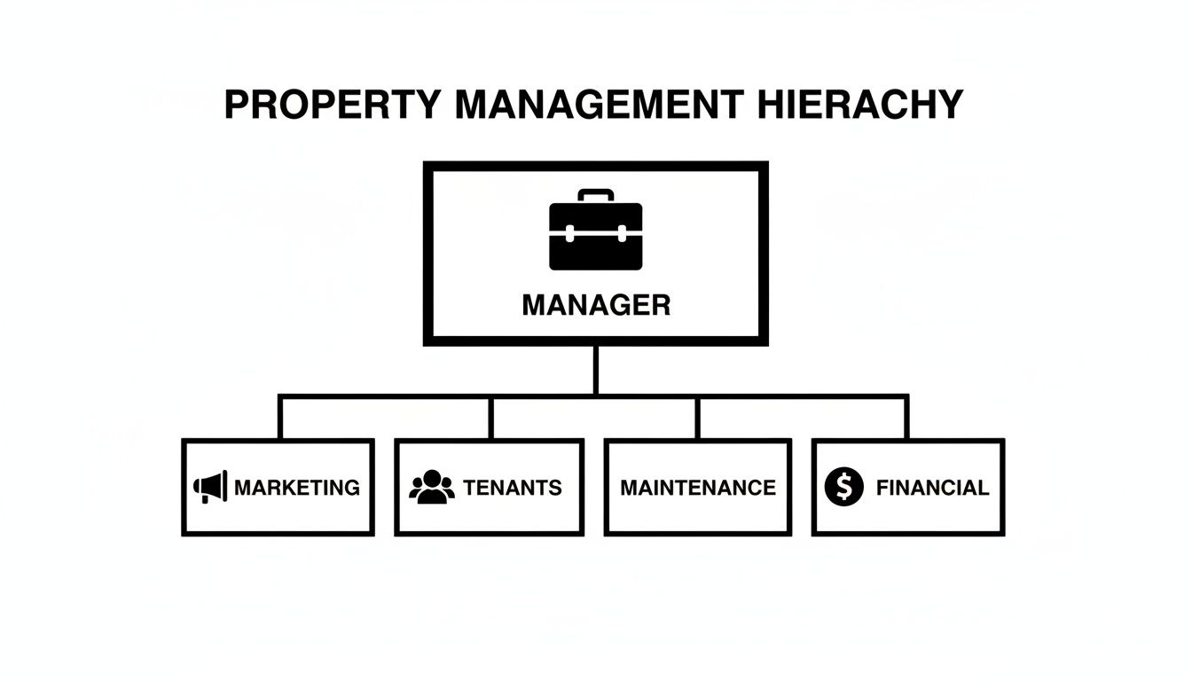 Property management hierarchy chart illustrating a manager supervising marketing, tenants, maintenance, and financial functions.