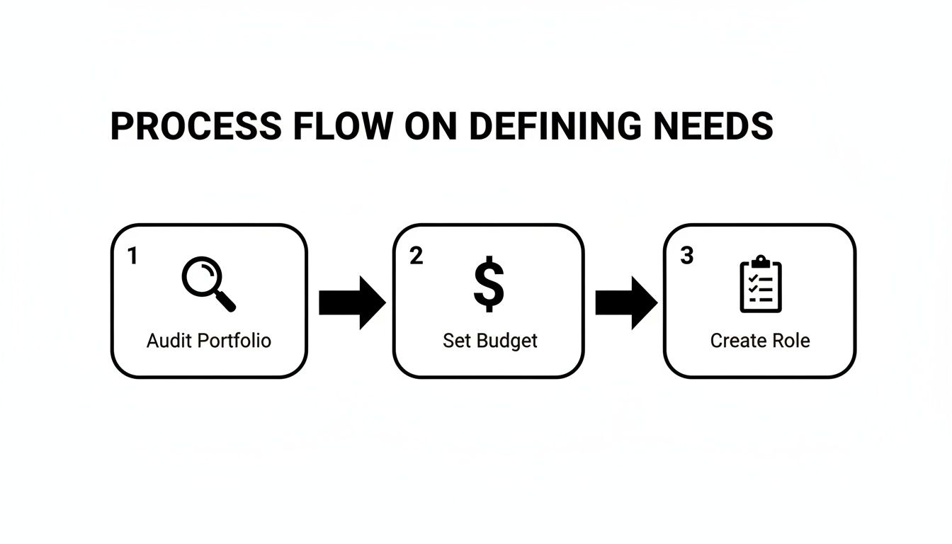 A three-step process flow diagram illustrating how to define needs by auditing portfolios, setting budgets, and creating roles.
