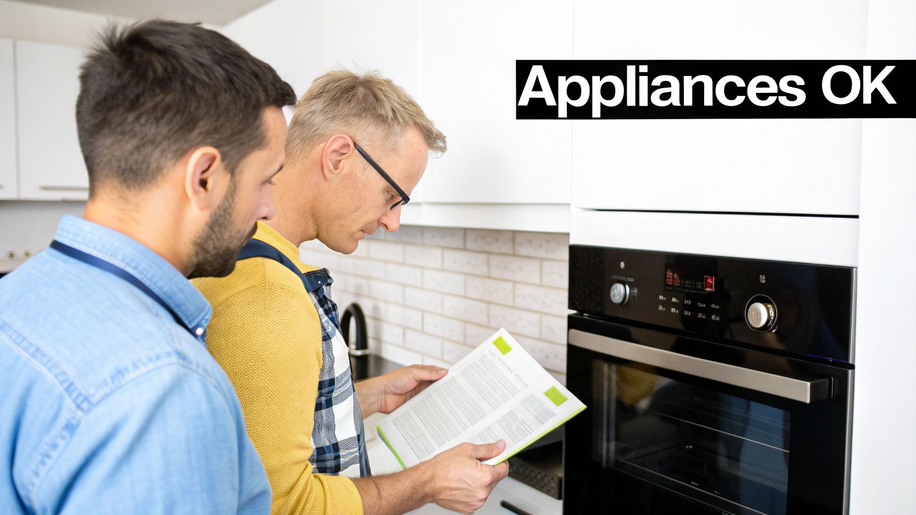 Two men in a modern kitchen reviewing a document next to a built-in oven, indicating appliance inspection.