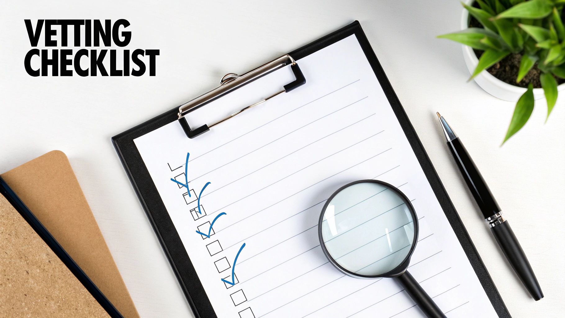 A clipboard with a "VETTING CHECKLIST" featuring checked boxes, a magnifying glass, and a pen.