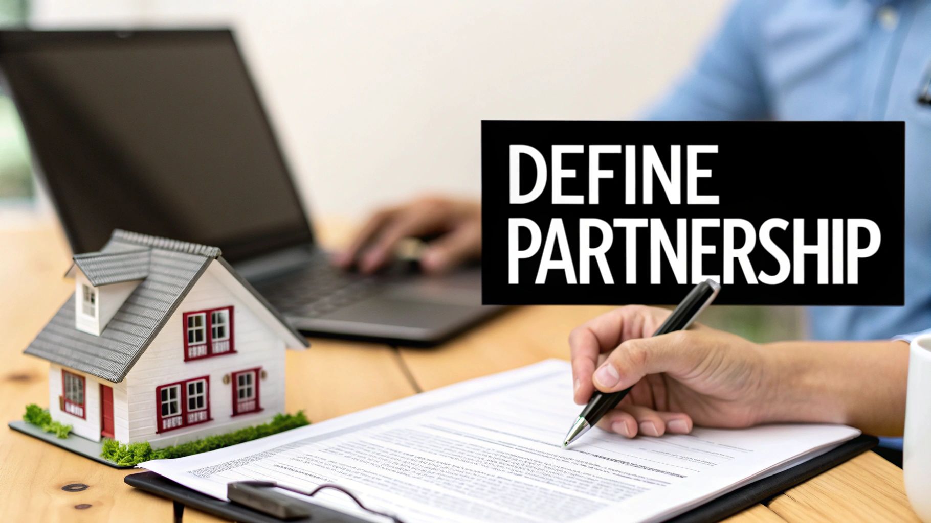 People signing a real estate partnership agreement with a miniature house model on the table.