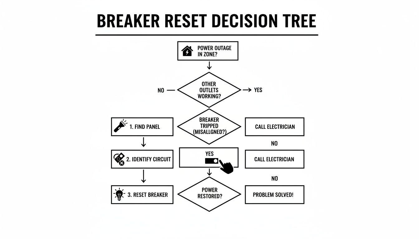 A decision tree flowchart guiding users on how to reset a circuit breaker and troubleshoot power issues.