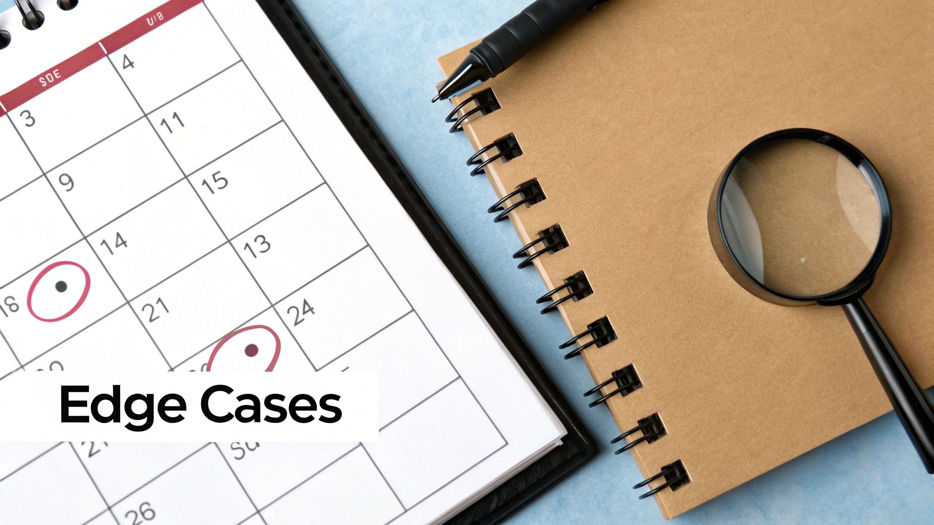 Calendar with circled dates, a notebook, pen, and magnifying glass, with 'Edge Cases' text.