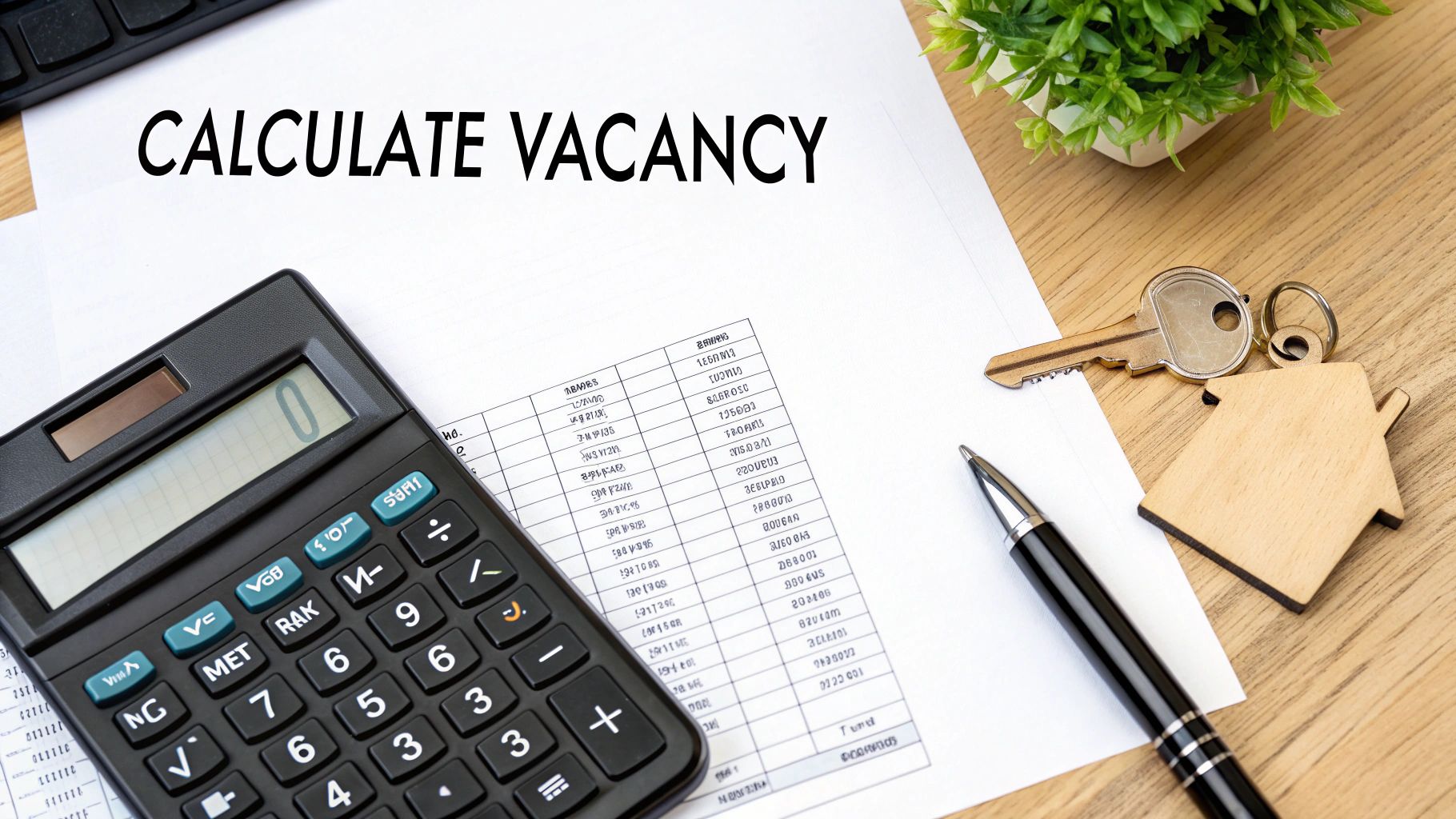 A document titled 'CALCULATE VACANCY' on a desk with a calculator, pen, and house key.