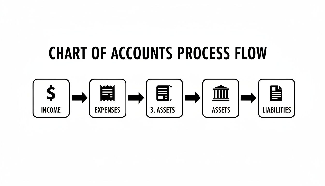Flowchart showing the chart of accounts process with income, expenses, assets, and liabilities categories.