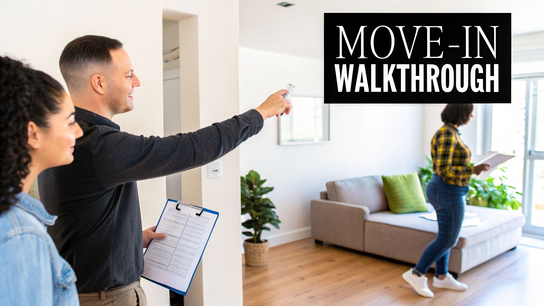 A man points out features during a move-in walkthrough of a rental property with a couple.