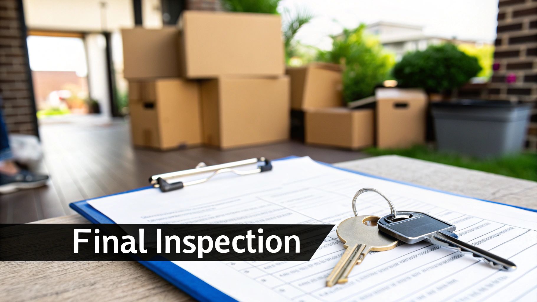 House keys on a final inspection checklist document with moving boxes in a new home.