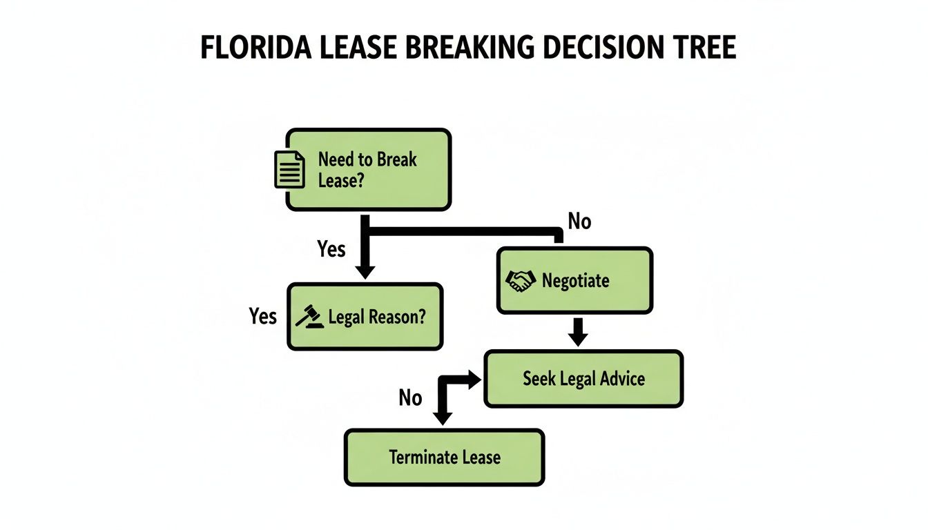 Decision tree flowchart outlining steps to break a lease in Florida, covering legal reasons and negotiation.