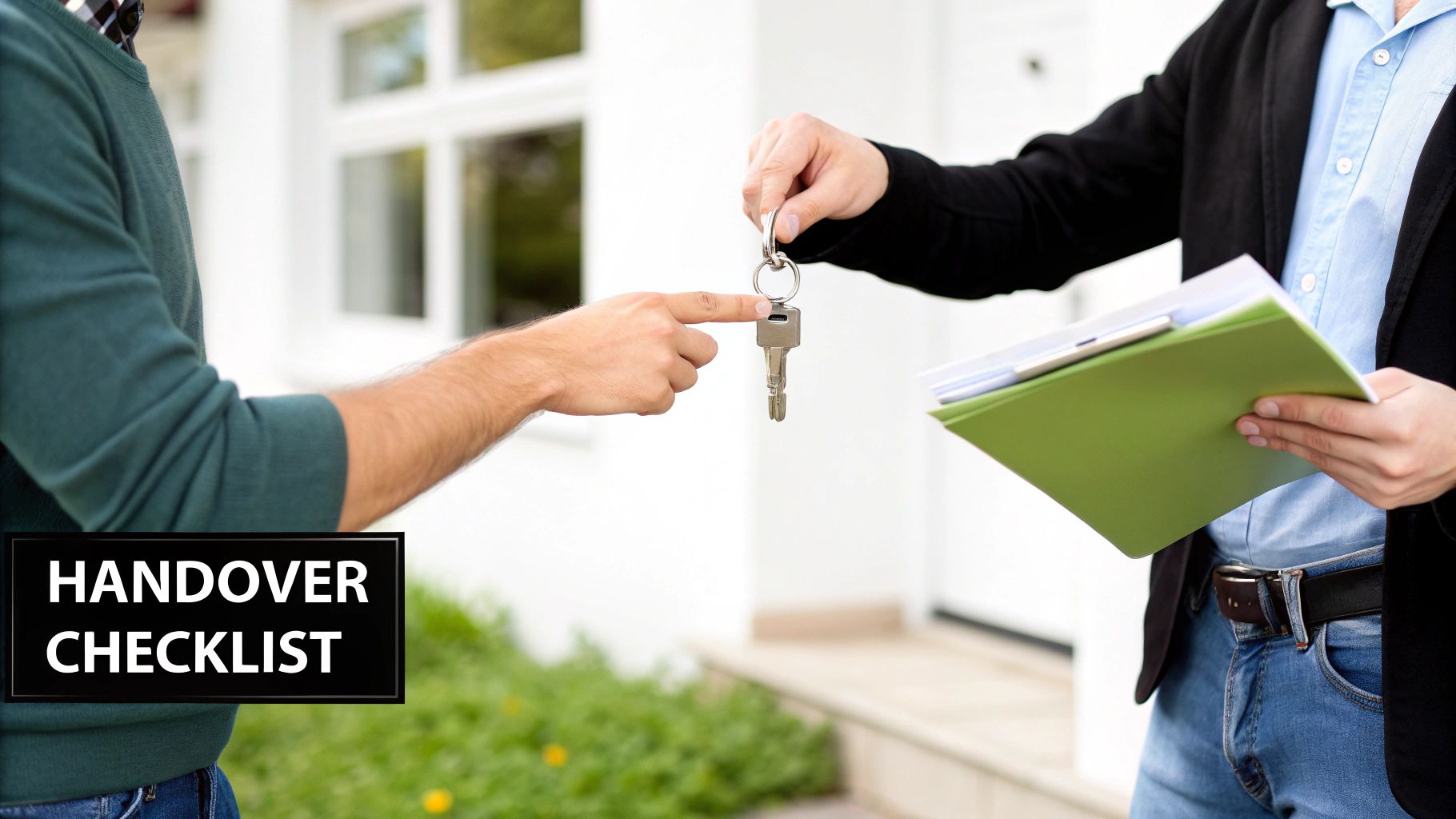 Two people exchanging house keys, one giving and one receiving, symbolizing a property handover checklist.